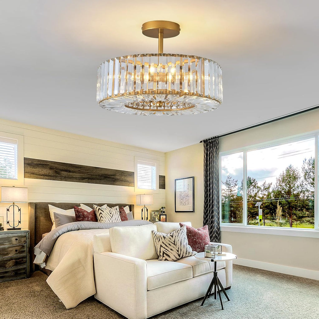 4 Lights Modern Crystal Chandelier Gold Round Semi Flush Mount Ceiling Light Fixture Farmhouse Chandelier for Dining