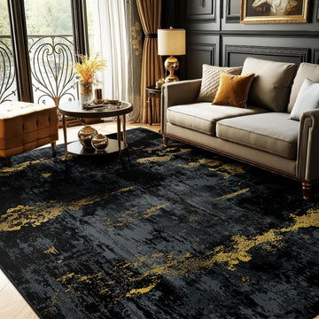 Washable 9'x12' Abstract Area Rug Black Gold