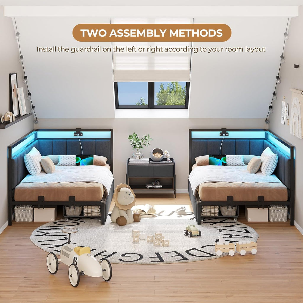 Twin Corner Bed Frame with 2 Storage Drawers and Charging Station Twin Bed Frames with Storage and Led Lights Twin