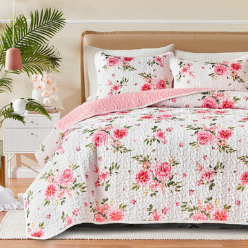 Floral Quilt Set 3 Pieces King White Pink Flower Soft Microfiber Lightweight Summer Reversible Coverlet Bedspread for