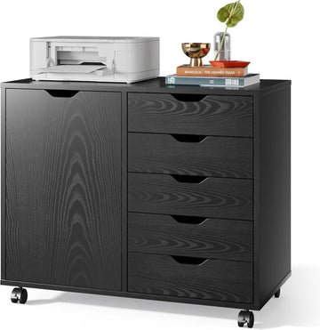 5-Drawer Wood Drawer Cabinet, Office Storage Cabinet, Black | Craft Storage Cabinet, Under Desk Drawer, Rolling Cart