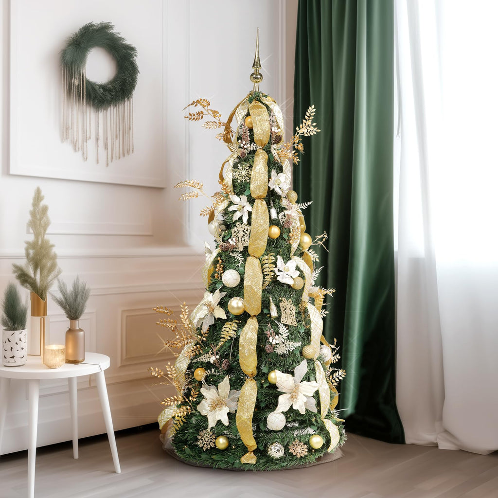 6.5 FT Gold & White Pop-Up, Pre-Lit and Fully Decorated, Fire-Resistant Collapsible Outdoor Indoor Holiday Party