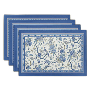 4PCs Chinoiserie Placemats Blue White Floral Birds Decorative Linen Table Mat 12"x18" Oriental Style Classic Flowers