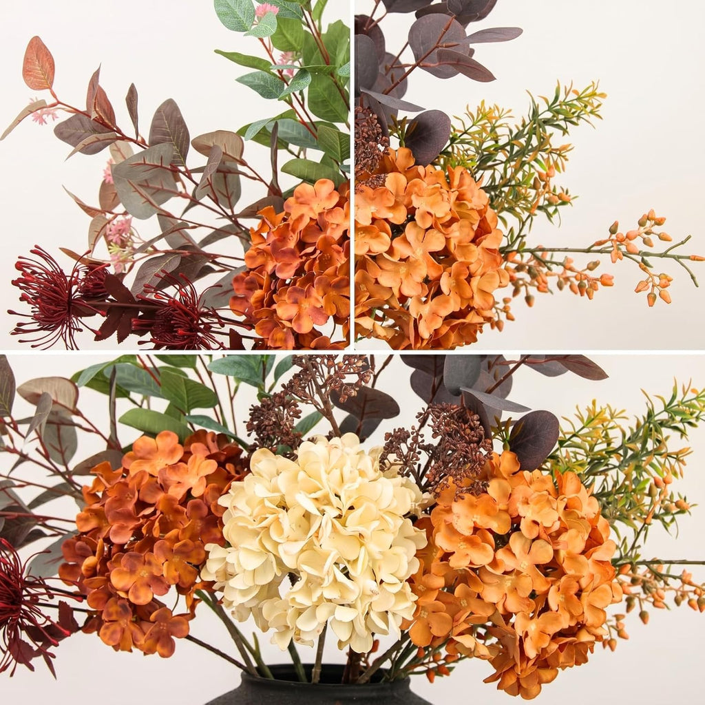 Faux Arrangement - Burnt Orange Hydrangea & Eucalyptus Stems, Fall Centerpieces for Tables, Large Floral Arrangement