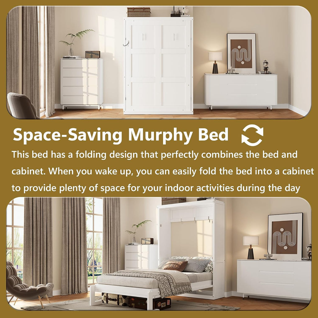 Space Saving Twin Murphy Wall Bed, Folds into Vertical Cabinet, Solid Metal Frame with Wood Slats, No Box Spring