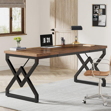 63-inch Executive Desk, Large Office Computer Desk with Extra Thick Wooden Tabletop and Metal Frame