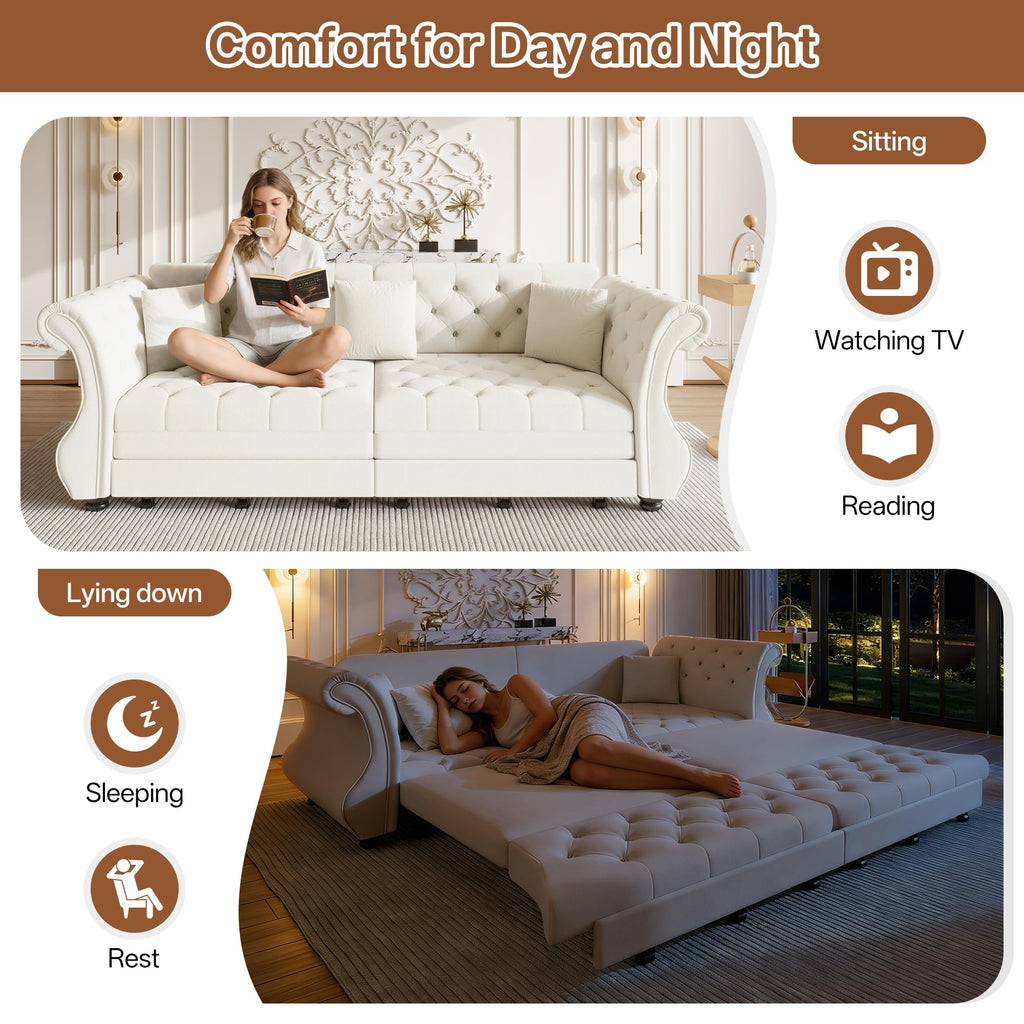 Sleeper Sofa Bed 97.6", Velvet Pull Out Couch, Chesterfield Sofa, Beige