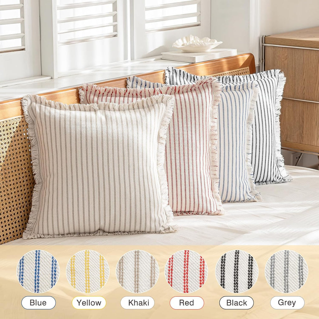 Throw Pillow Covers 18x18 Set of 2 Striped Fringe Pillow Cover Farmhouse Cushion Covers with Tassel Neutral Boho