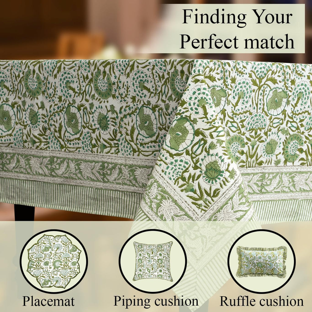 Block Print Tablecloth Agate Green 90"x60" Rectangular 100% Cotton Reusable Table Cover, Everyda