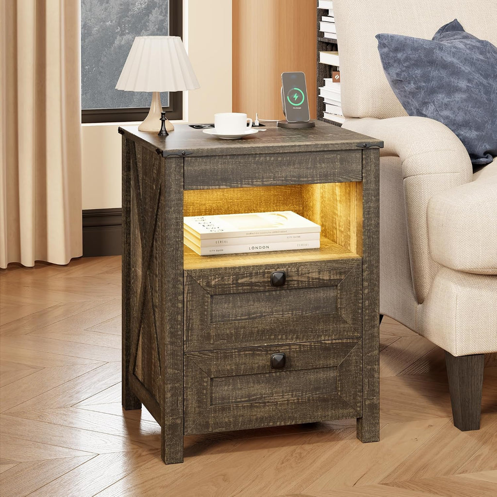 Nightstands Set of 2 with Gun Drawer, Farmhouse Bedside Table with Charging Station, Gun Night Stand with LED Light &