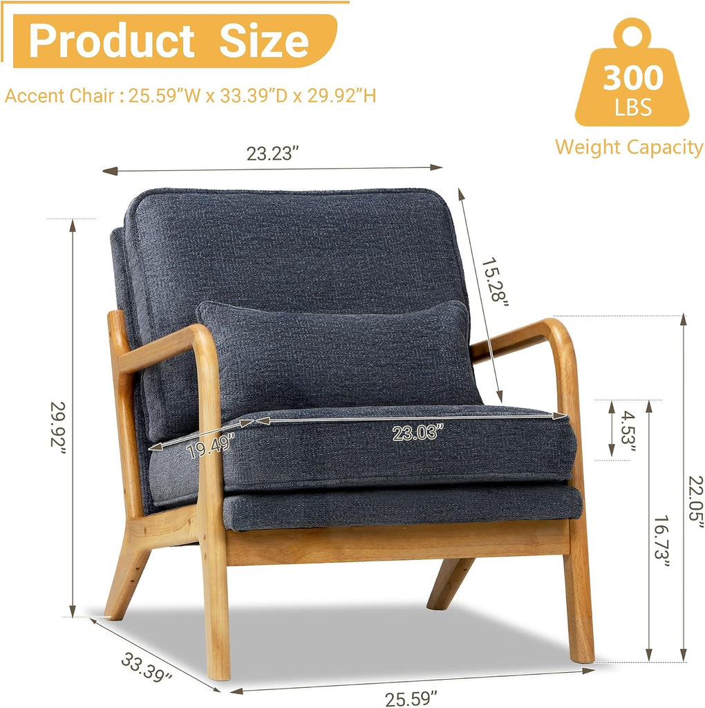 Modern Accent Chair Mid Century Wooden Upholstered Armchair with Lumbar Pillow & Removable Soft Cushion, Reading