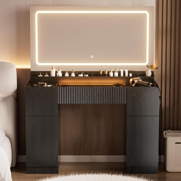 44" Vanity Desk with Large Mirror and Lights, Modern Glass Top Makeup Vanity Set with Power Outlet, 3 Drawers and 2