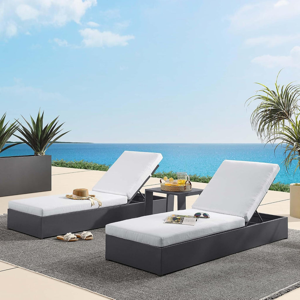 Aluminum Outdoor Patio Set of 2 Chaise Side Gray White, 3-Piece Set of Pool Lounge Chairs and Accent Table