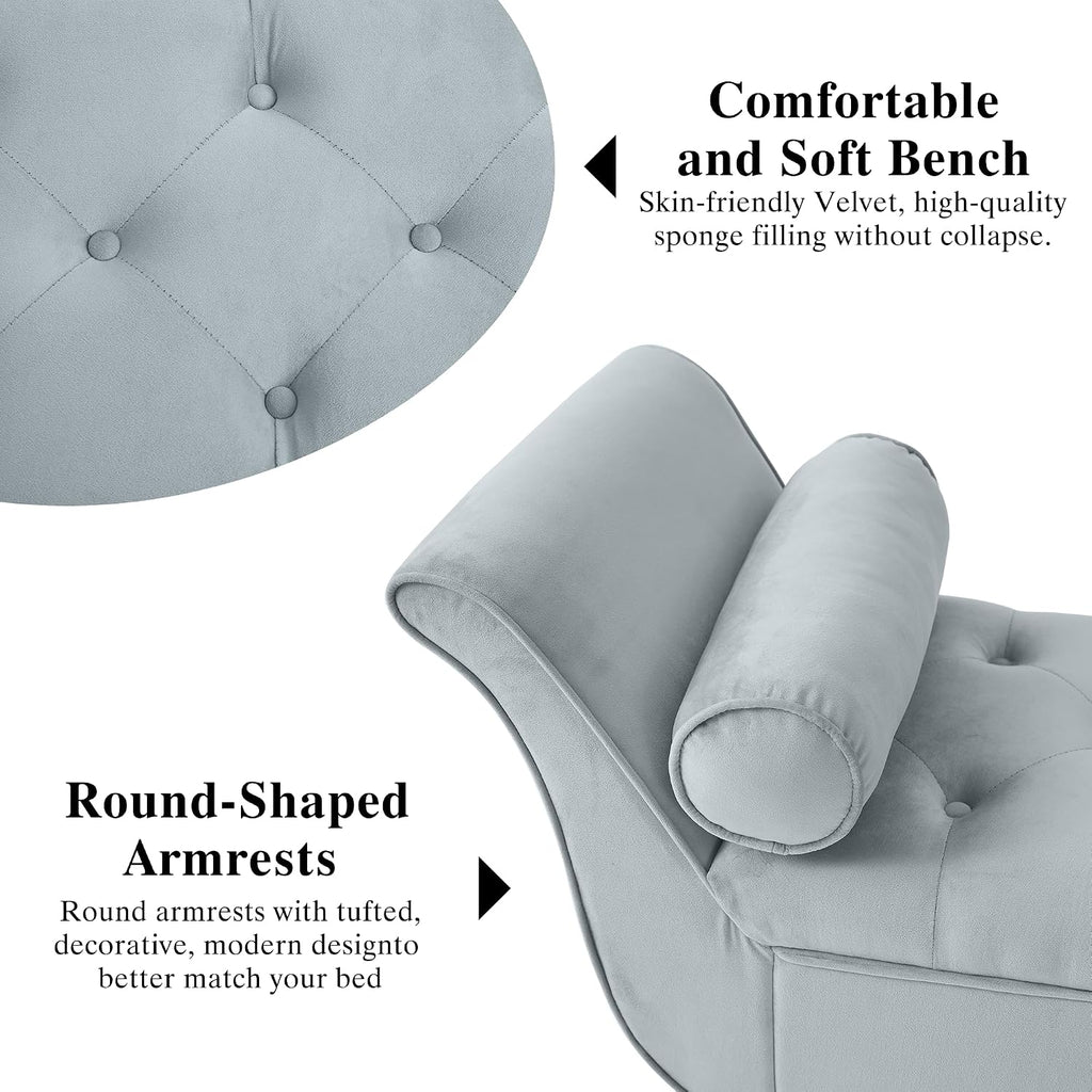 Velvet Storage Bench End of Bed Ottoman, Button-Tufted Upholstered Bed Benches s King with Rolled Arms and 4 Sturdy