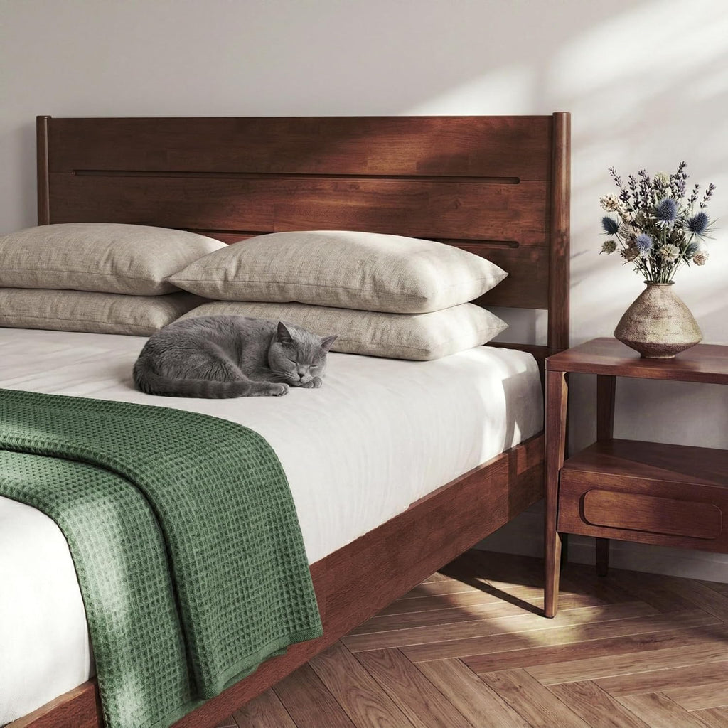 Bed Frame Queen, Premium Solid Wood Platform Bed with Reinforced Frame, Japanese Joinery Bed Frame, Wood Slat