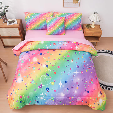 6 Pcs Girls Comforter Set, Colorful Rainbow Galaxy Bedding Sets, Bedding Sets for Girls Kids with 1