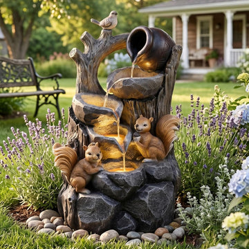 Outdoor Water Fountain with LED Lights, 30.1" Squirrel & Tree Stump Cascading Water Feature