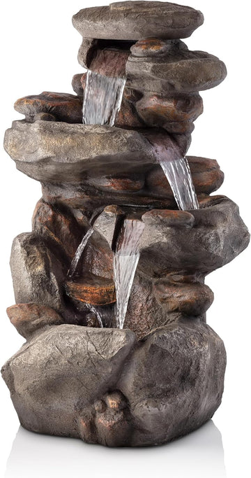 40" 4-Tier Rock Floor Fountain with Cascading Water & White LED Lights, Tranquil Outdoor Water Feature