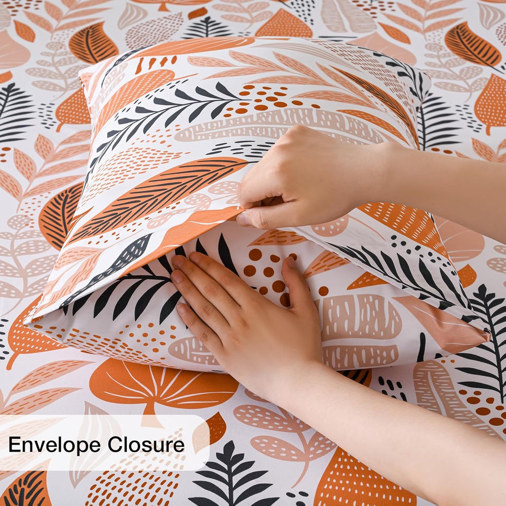 Boho Leaves Printed Sheet Set, Botanical Pattern Bed Sheets Microfiber Bedding Sheets & Pillowcases Soft 15"