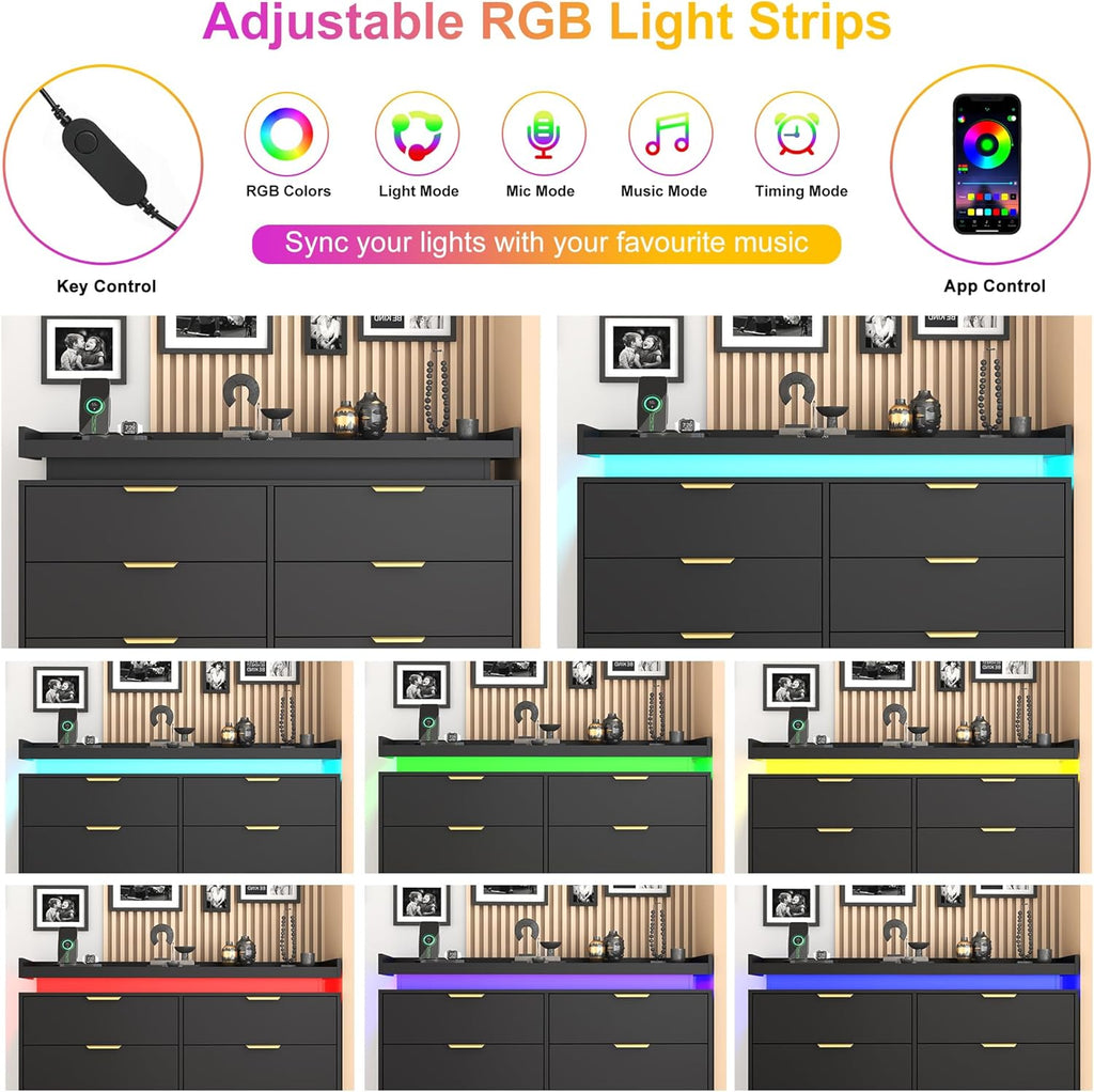 8 Drawer Dressers , Black Dresser with LED Lights and Power Outlet, Wood LED Dresser, Double Wide Modern Chest of