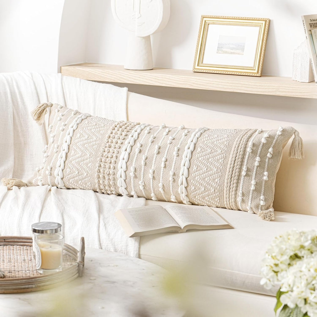 Cream Decorative Lumbar Throw Pillow Cover 14x36 Boho Long Cushion