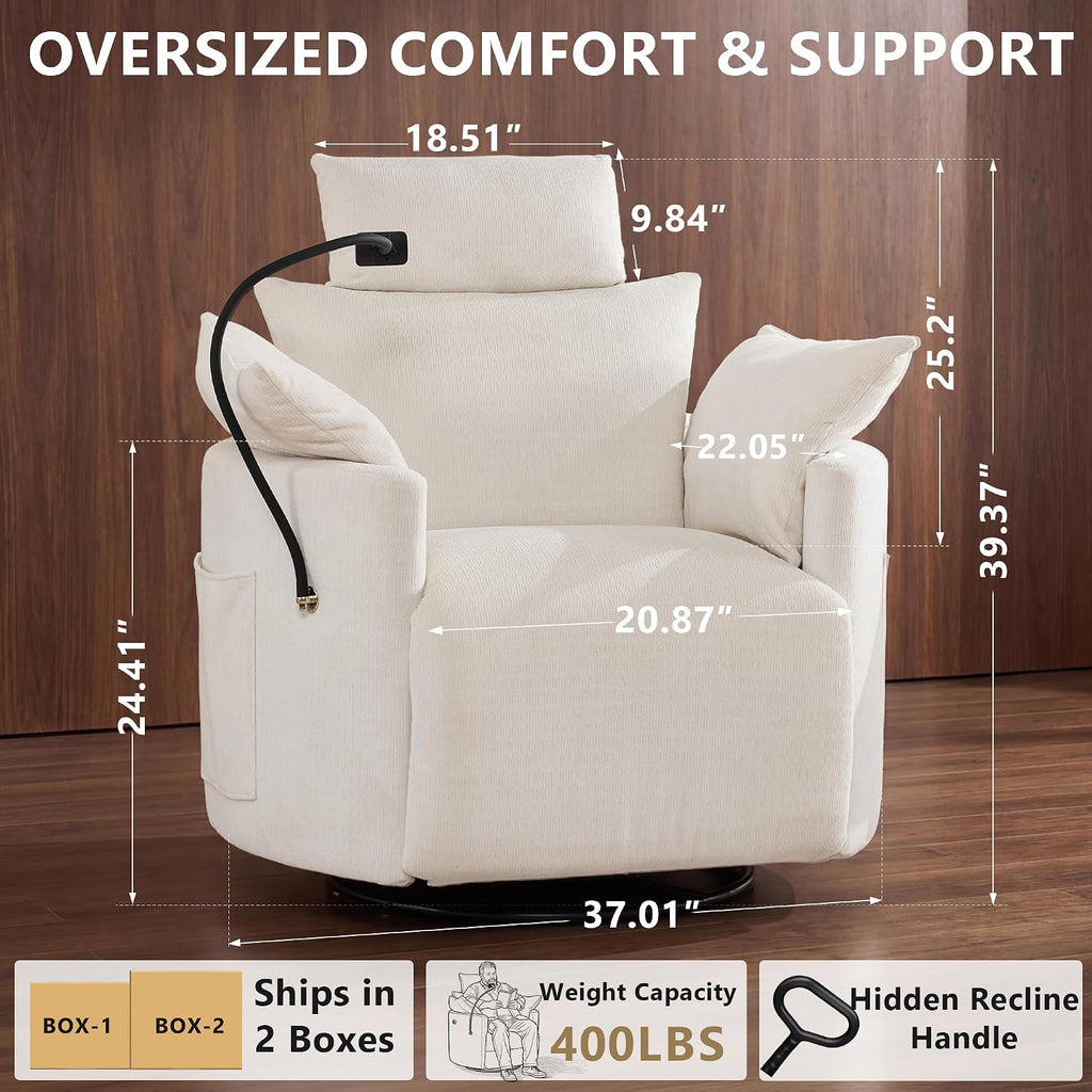 Chenille Nursery Rocking Chairs Recliner, Manual, White | 4" Height and 55° Angle Adjustable Headrest, 360° Silent
