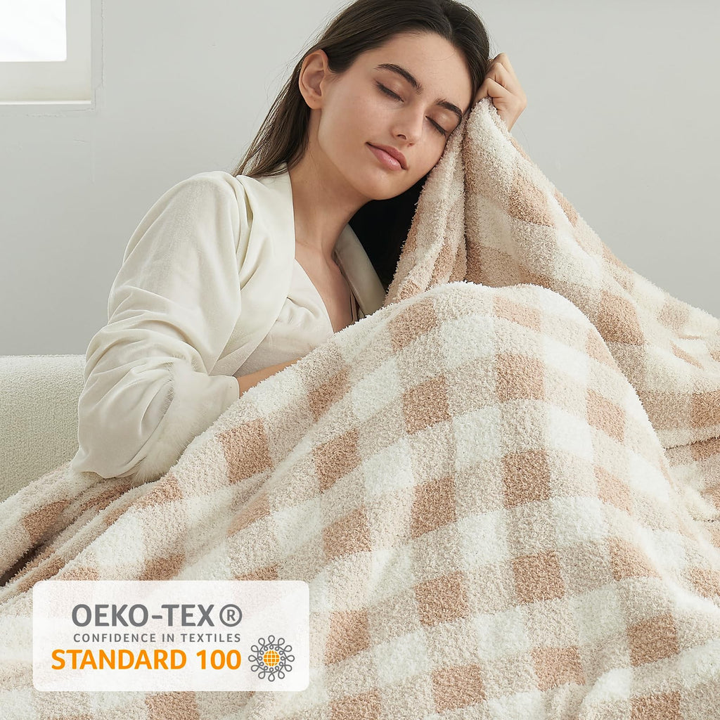Checkered Throw Blanket for Couch, Super Soft Cozy Warm Knit Netural Decorative Fluffy Blankets, Reversible Buffalo