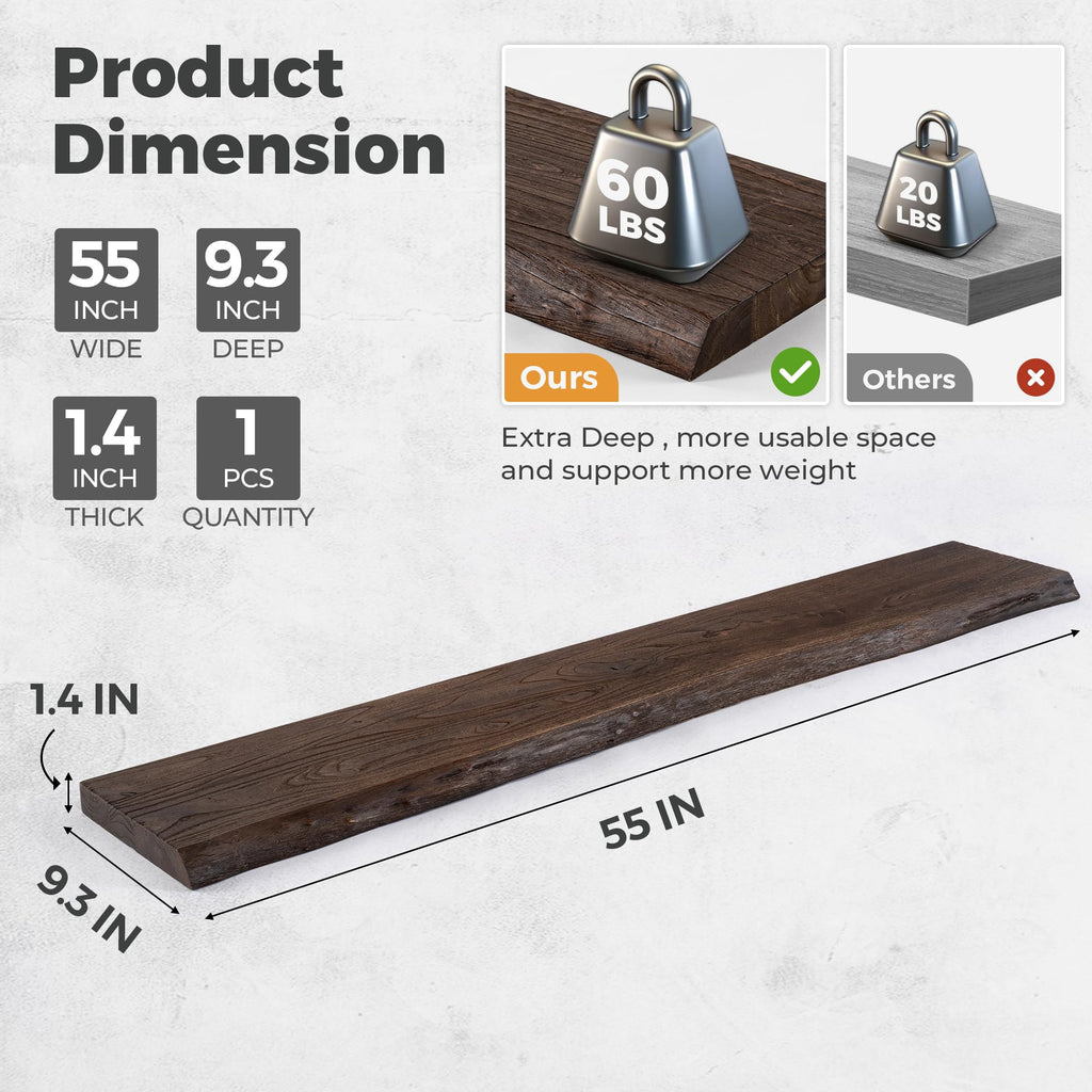Live Edge Elm Floating Shelves For Wall - 55" W x 9.3" D Rustic Solid Long Wood Shelves with Invisible Bracket