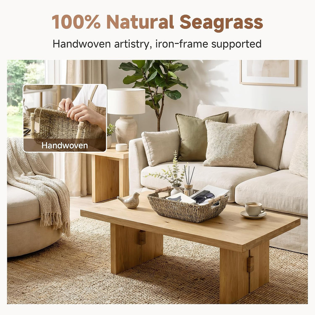 Hand-Woven Jumbo Storage Baskets with Wooden Handles, Seagrass Wicker Baskets for Organizing, 2-Pack