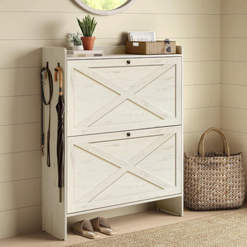 Shoe Storage Cabinet Organizer with 2 Flip Drawers, Freestanding Narrow Shoe Rack Cabinet , Farmhouse Style, Fits 14