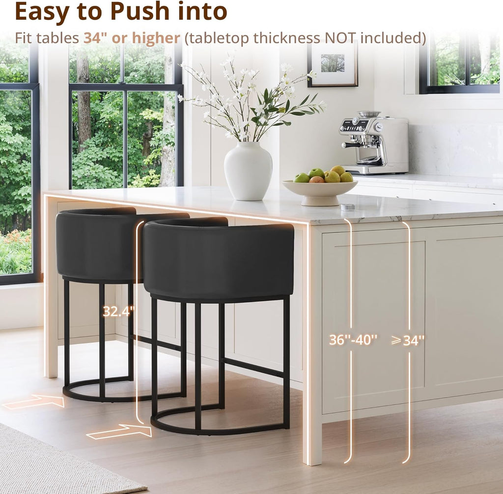 Counter Height Bar Stools Set of 4, Modern Barrel Counter Stools with Backrest and Arms, Black Metal Frames, Faux