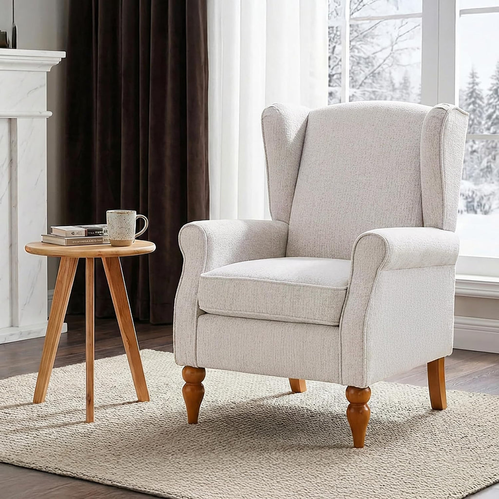 High Back Wingback Accent Chair, Modern Upholstered Armchair Comfy Reading Chair with Solid Wood Legs Bedroom