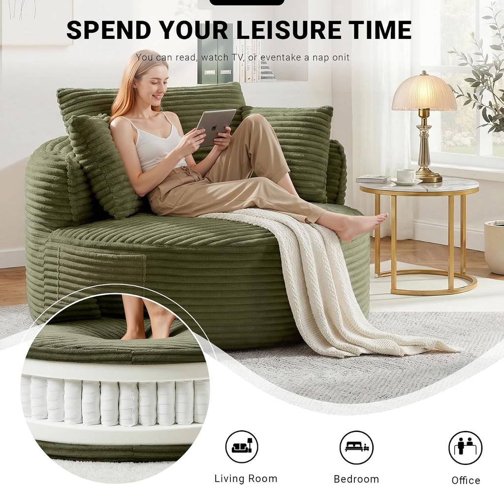 Oversized Round Lounge Chair Indoor, Corduroy Upholstered Deep Seat Cloud Circle Sofa Chair, Fluffy Boneless Sleeper