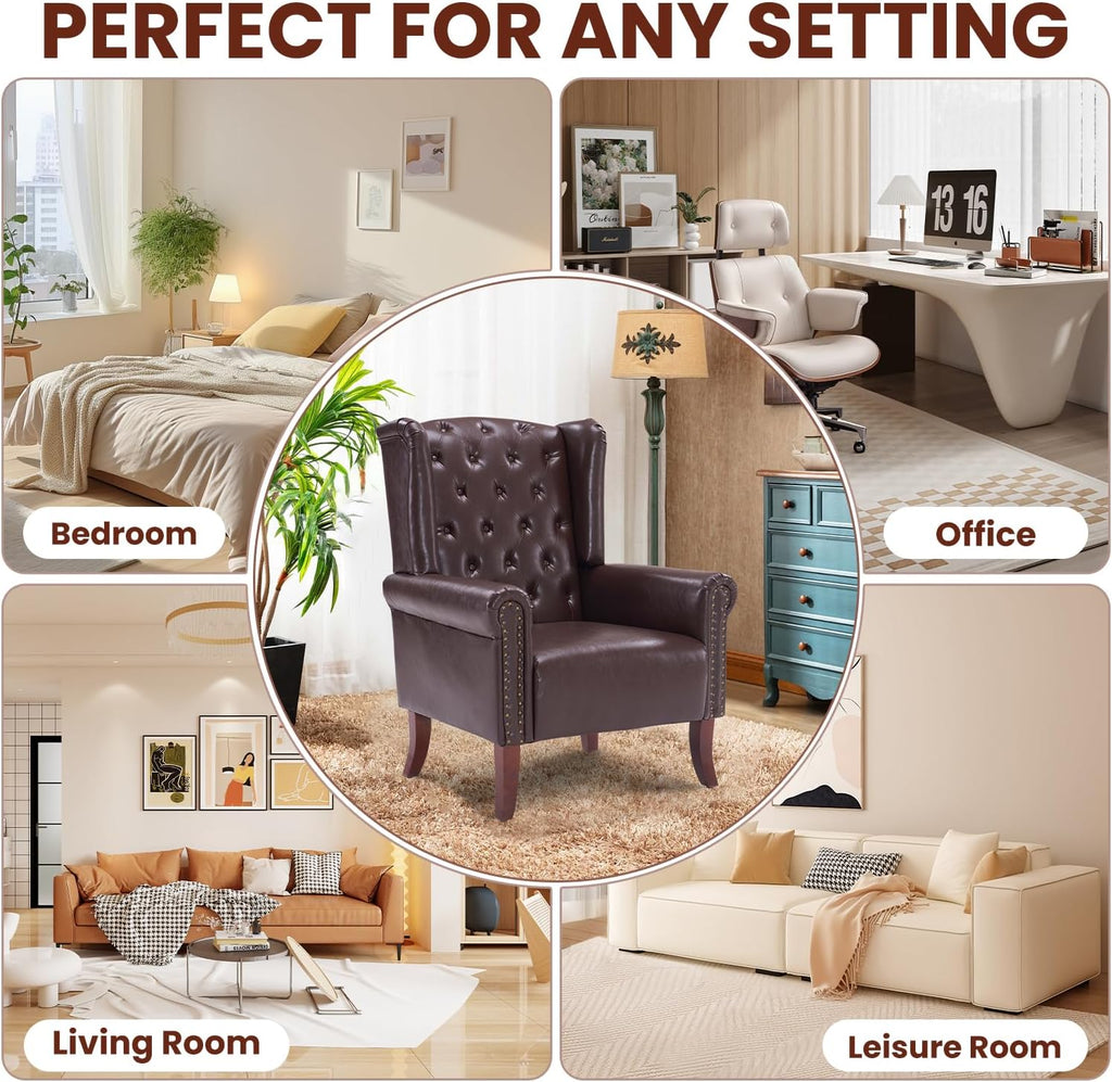PU Leather Accent Chair Modern Wingback Armchair Club Sofa Chair High Back Living Room Chair , Lounge (Caramel)