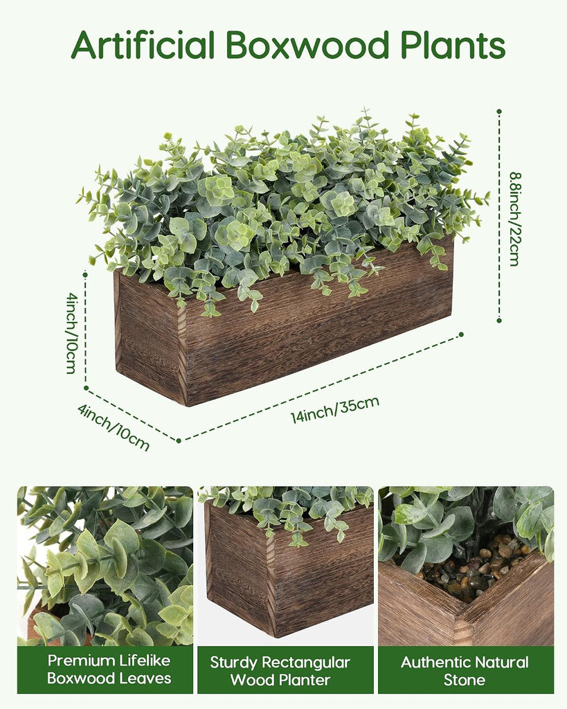 14" Artificial Eucalyptus Plants in Rustic Rectangular Wooden Planter Box, Fake Plants Centerpiece, Farmhouse Faux