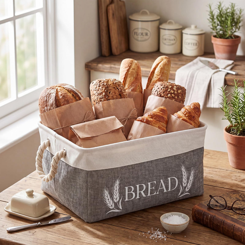 Bread Storage Basket Foldable Bread Storage Container Bin with Handles Burlap Basket Box Counter and Pantry