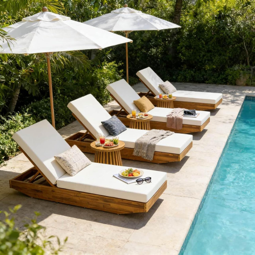 Acacia Wood Chaise Lounge with Cushion - Teak Finish Outdoor Recliner with Cream Water-Repellent Cushion, 79.6" L x 29" W, 300 lbs