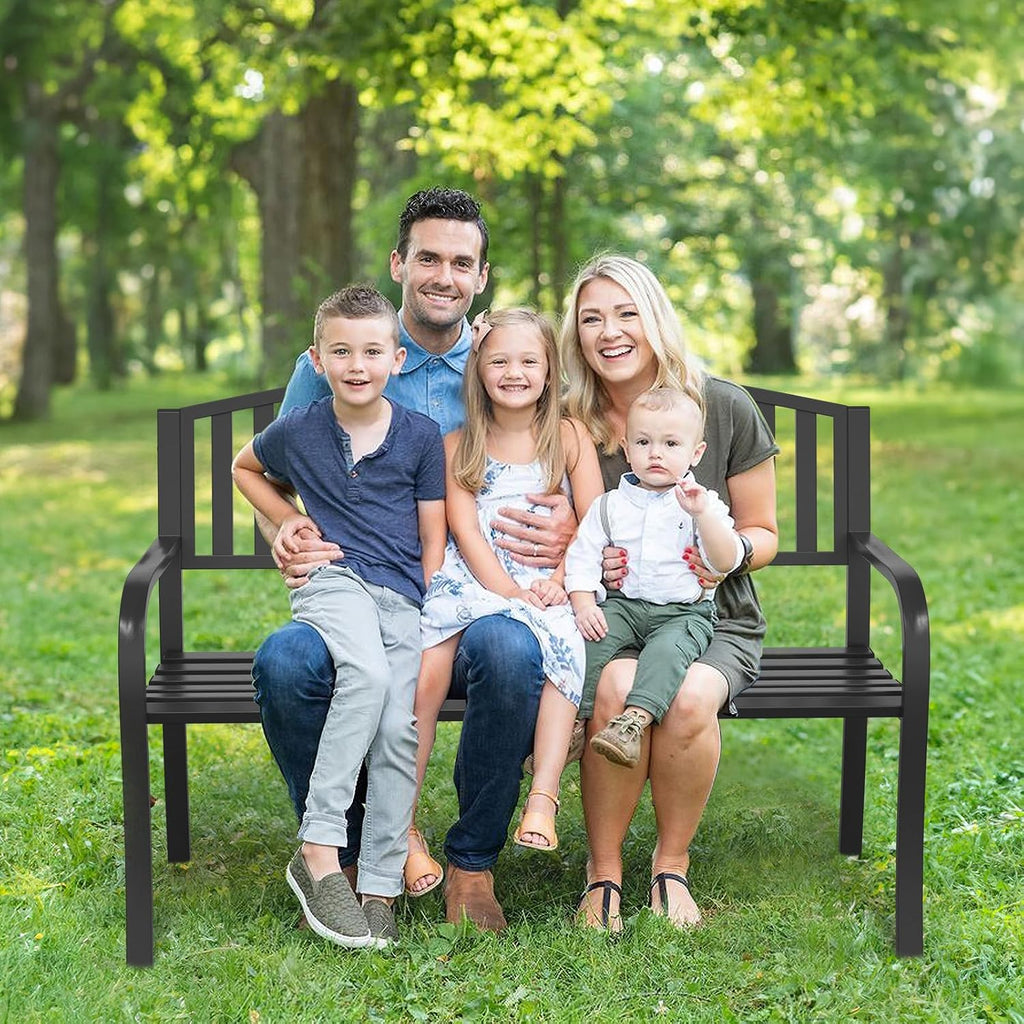 50" Outdoor Garden Bench, Iron Metal Frame Patio Bench with Backrest and Armrests, Weatherproof Anti-Rust Outdoor