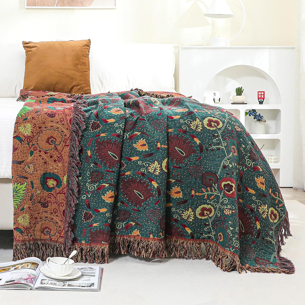 Boho Throw Blanket,100% Ultra Cotton Soft Breathable Bed Throw Floral Printed Farmhouse Decor Rustic Bed Throws