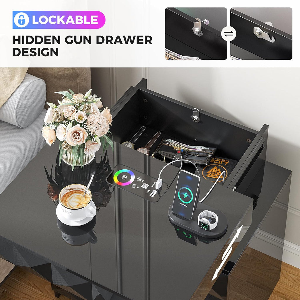 LED Night Stand with Charging Station, Lockable Hidden Drawer | Gun Safe compartment, 3 Drawers, Smart RGB Human