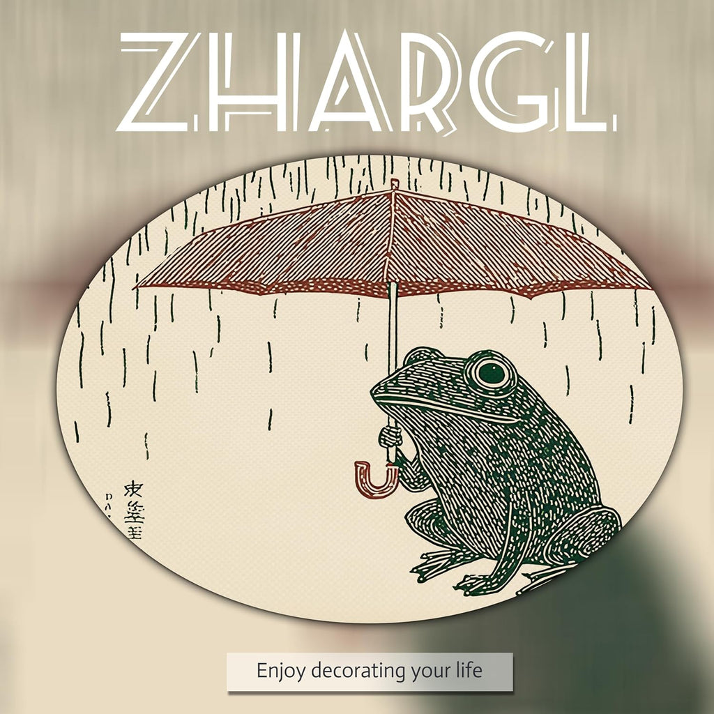 Funny Japanese Frog Wall Art, Minimalist Abstract Animal Canvas Wall Decor Painting, Zen Vintage Holding an Umbrella
