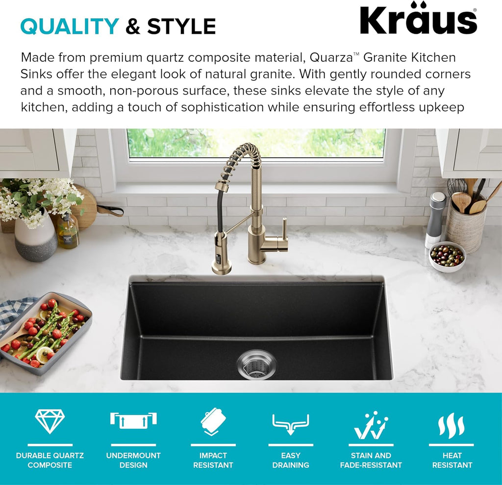 Black Onyx 31 in Undermount Granite Kitchen Sink KGU-413B