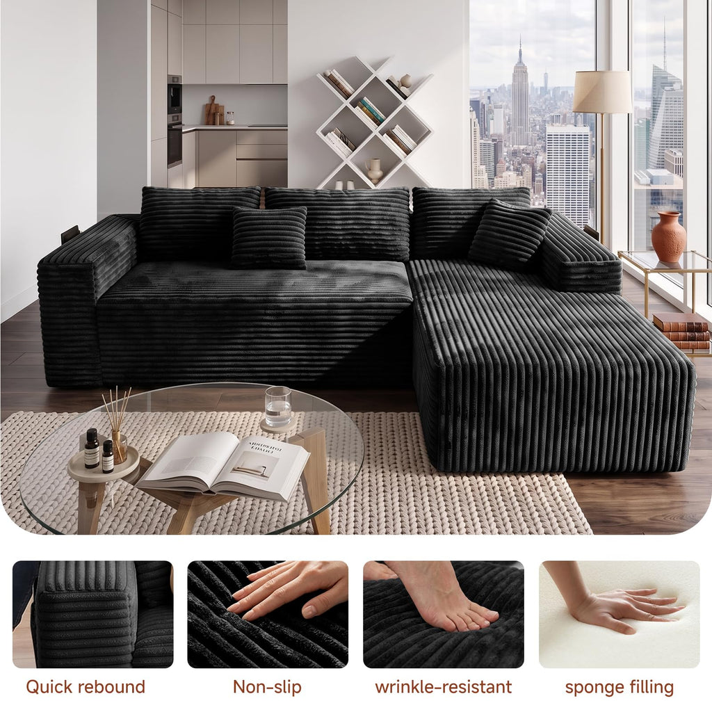Couch ≈94inch, L-Shaped Sofa, Boneless Couch, with Chaise (Black, 94IN)