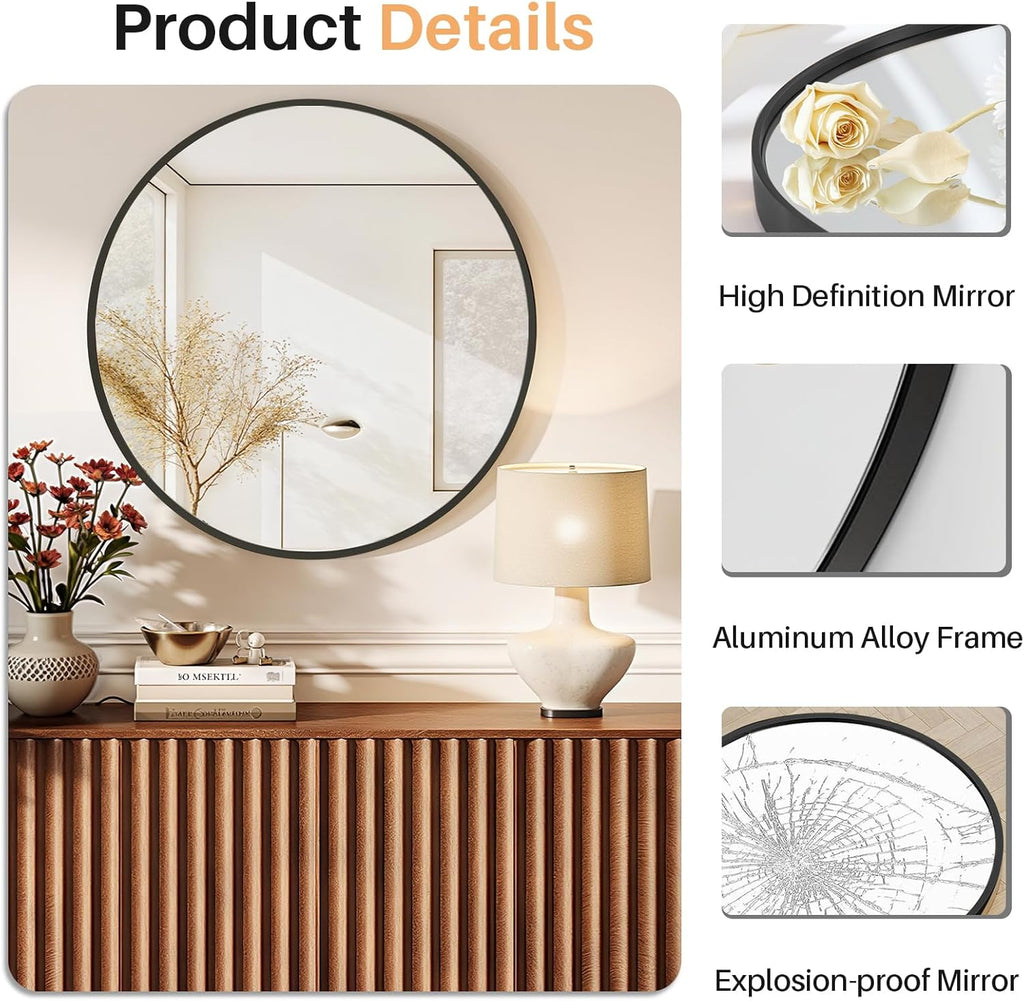 Bathroom Mirror for Wall, 24 Inch Round Mirror, Matte Black Metal Framed Circle Vanity Mirror Bedroom Living Room