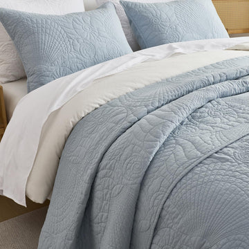 Coastal Quilt Set Cotton Dusty Blue Matelasse Coverlet Set with Seashell Stitching Heirloom Coastal Quilt