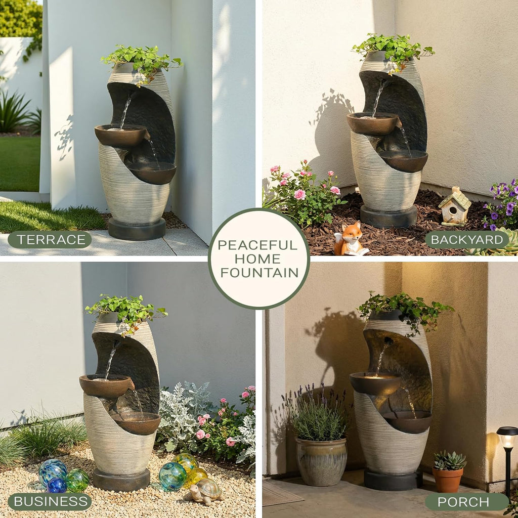 2-Tier Bowl Water Fountain with LED Lights, 27.95" Tall Freestanding Outdoor & Indoor Garden Waterfall Fountain