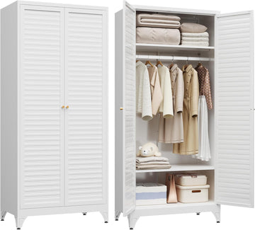 71"Armoire Wardrobe Close,White Wardrobe Cabinet with Hanging Rod | Metal Closet Cabinet with Doors and Adjustable