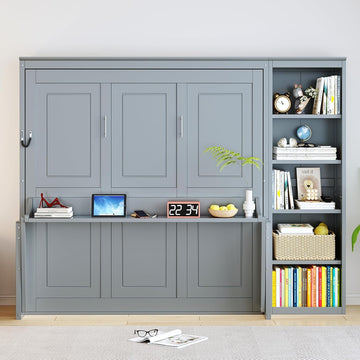 Queen Murphy Bed with Desk, Space Saving Wall Bed Queen with Bookshelf, Storage Shelves, Wood Slats, No Box Spring