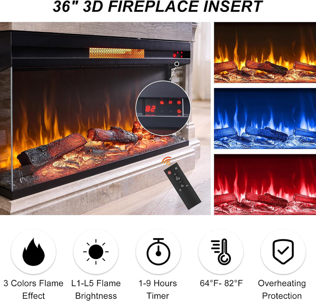 52" Electric Fireplace with Mantel, Freestanding Fireplace Heater TV Stand with 36" 3-Side Glass Insert for TVs Up to 65" with Storage Cabinet for Living Room, Light Rustic Oak