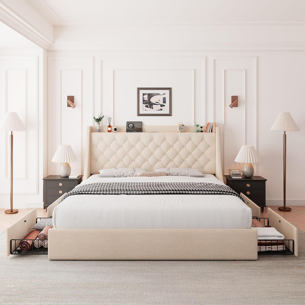 Upholstered Queen Bed Frame with 4 Storage Drawers, Charging Station and Tufted Wingback Storage Headboard
